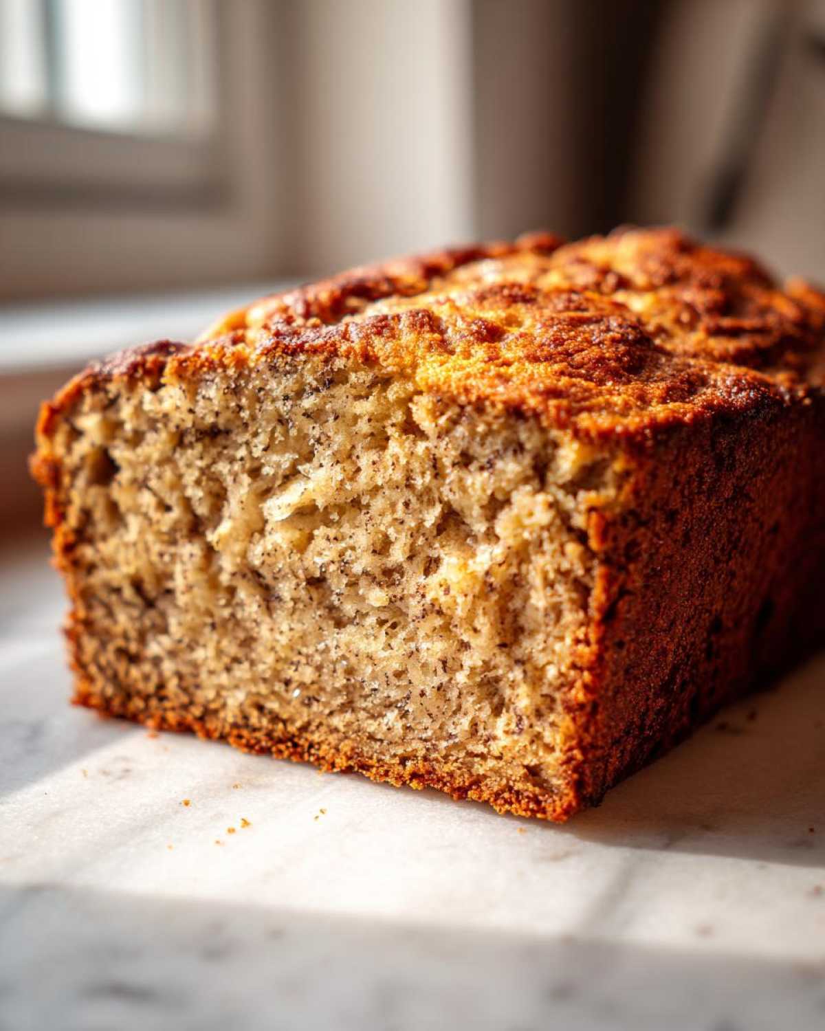 Close-up of a freshly baked loaf of moist sugar free banana bread showing its crumb texture and golden crust.