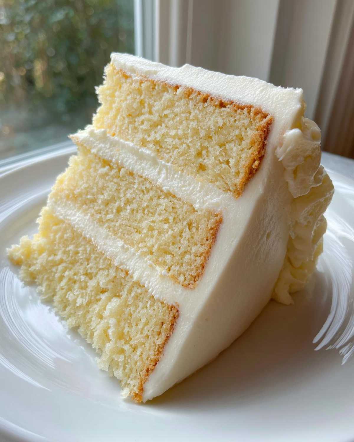 Close-up of a moist, three-layer slice of vanilla cake with thick white frosting, served on a white plate.