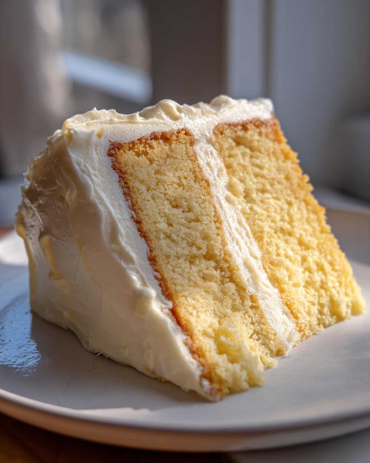 Close-up of a moist slice from the best vanilla cake recipe, layered with white frosting.