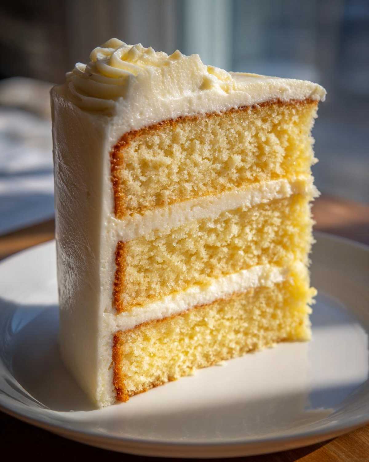 A tall, moist slice of three-layer vanilla cake recipe covered in thick white buttercream frosting.