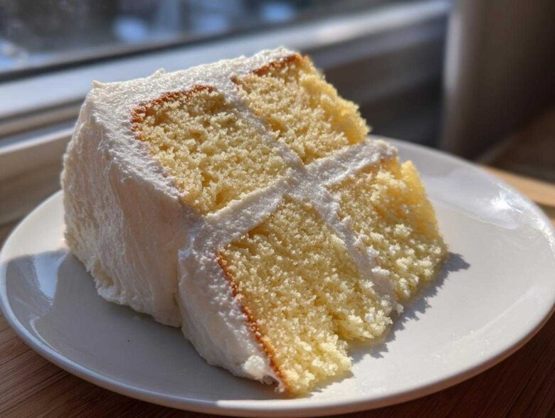 A close-up of a perfectly moist slice from the best vanilla cake recipe, layered with white frosting.