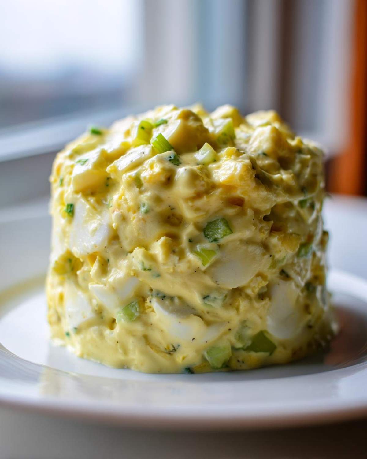 A cylindrical serving of creamy, yellow egg salad recipe mixed with chopped celery and green onions on a white plate.