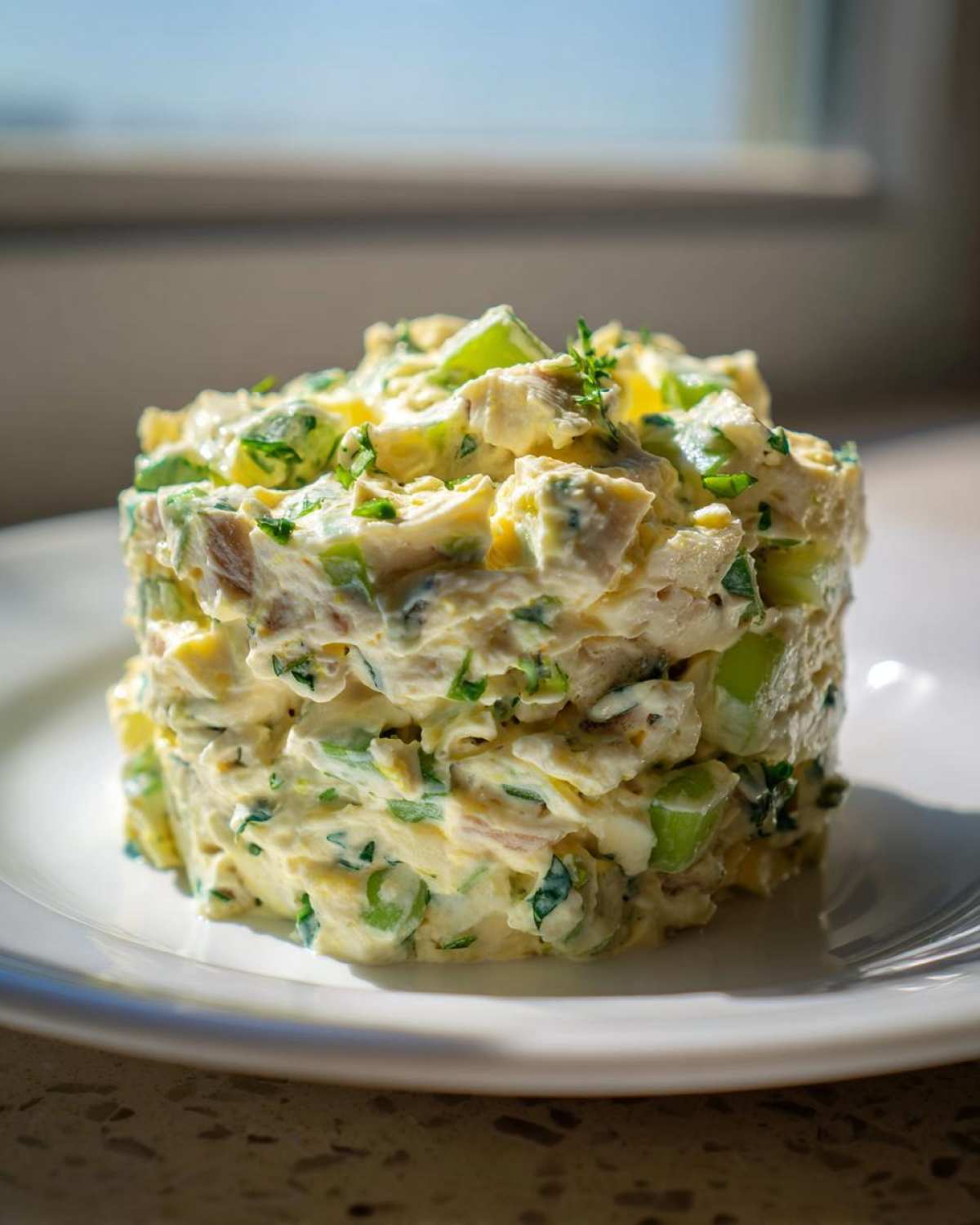 A beautifully molded serving of creamy egg salad recipe, mixed with celery and herbs, presented on a white plate.