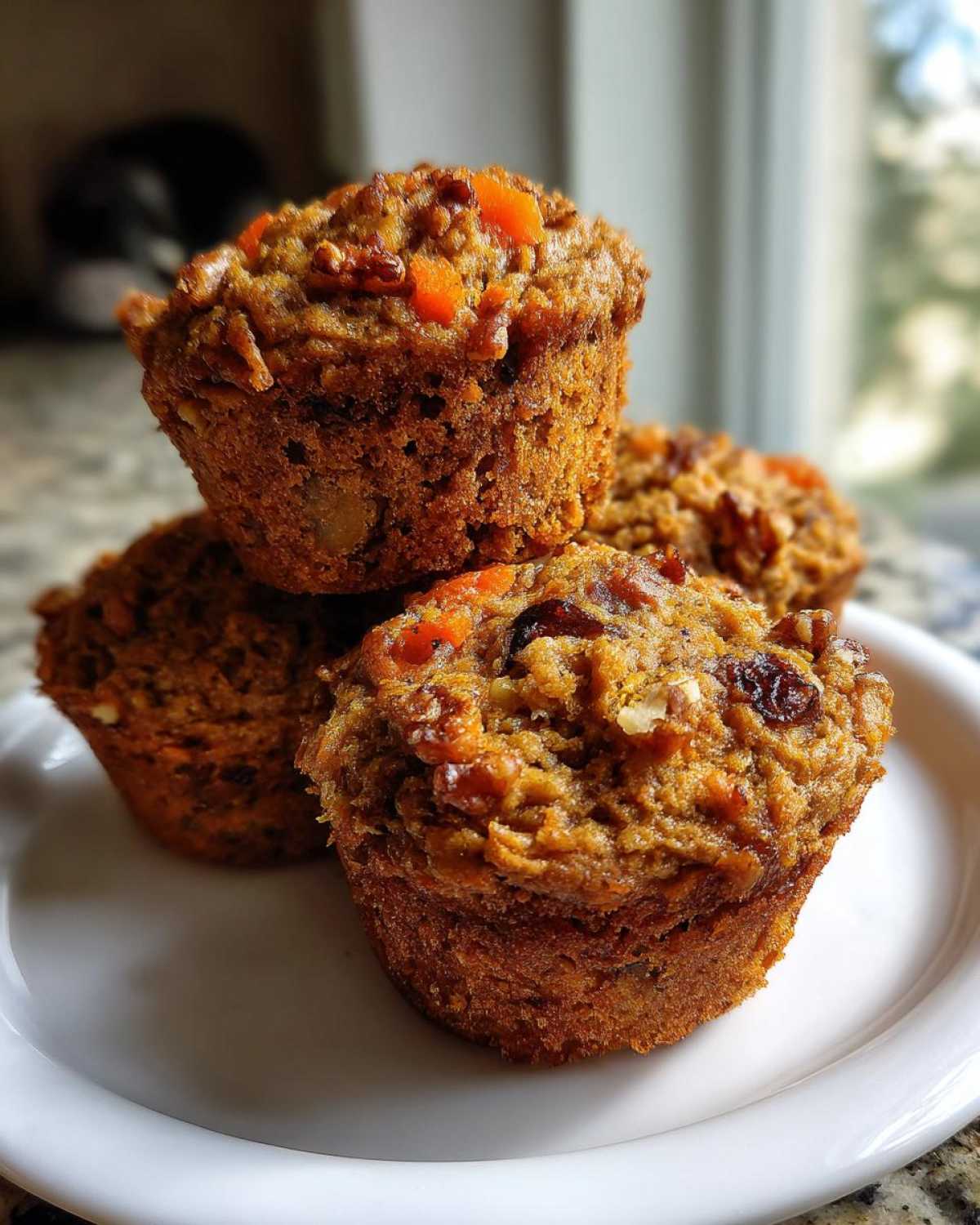 A stack of three moist morning glory muffins loaded with visible carrots, nuts, and raisins on a white plate.