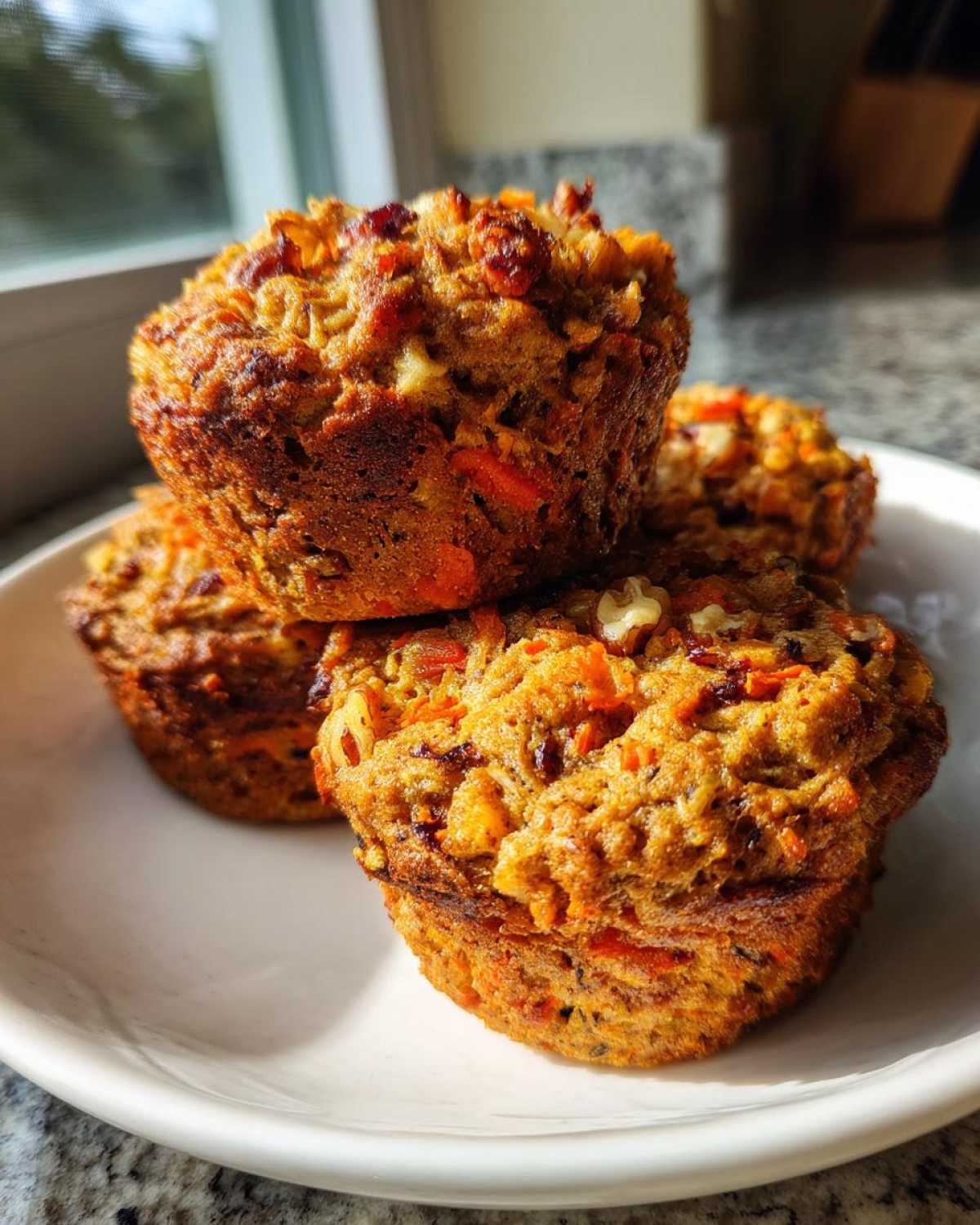 A stack of four golden brown morning glory muffins loaded with carrots and nuts, sitting on a white plate.