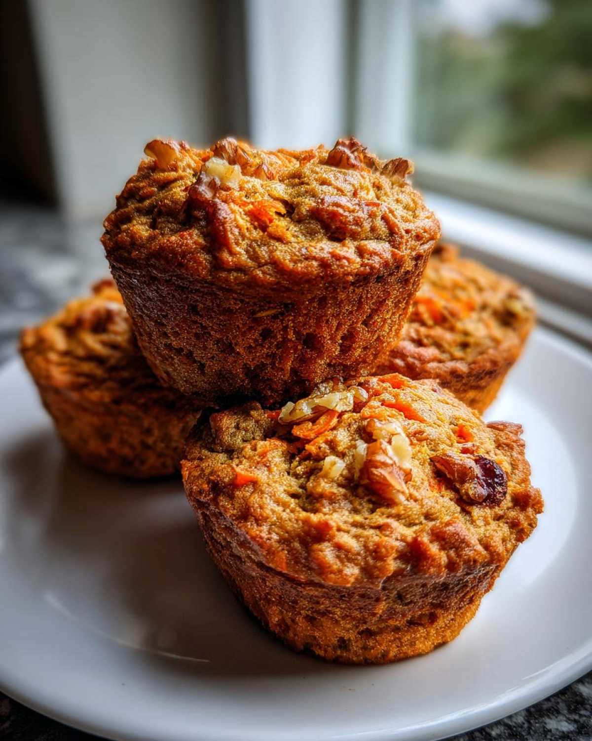 A stack of three golden brown morning glory muffins topped with walnuts and shredded carrots.