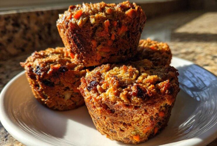 A stack of four golden brown morning glory muffins featuring visible carrots and raisins, sitting on a white plate.