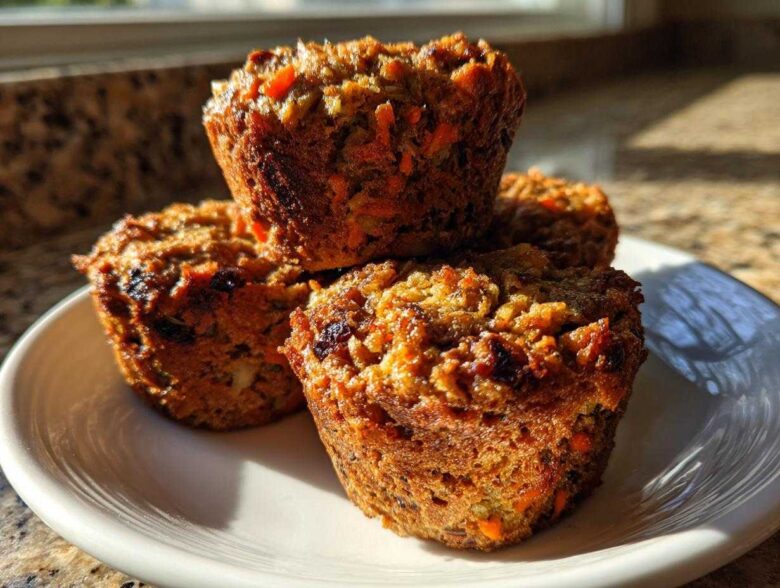 A stack of four golden brown morning glory muffins featuring visible carrots and raisins, sitting on a white plate.