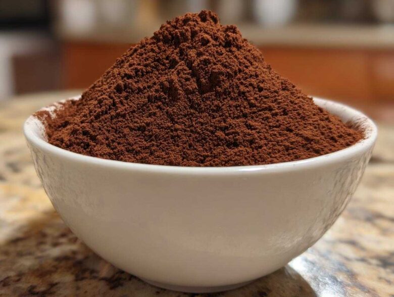 Close-up of a heaping mound of rich brown hot cocoa mix filling a small white bowl.