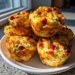 A stack of golden brown muffin tin egg bites, loaded with bacon and colorful peppers, sitting on a white plate.