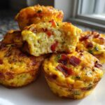 A stack of golden brown muffin tin egg bites, one cut in half showing red peppers and fluffy interior.