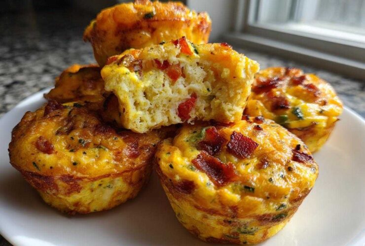 A stack of golden brown muffin tin egg bites, one cut in half showing red peppers and fluffy interior.