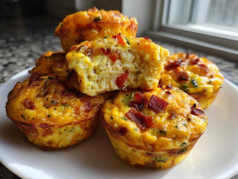 A stack of golden brown muffin tin egg bites, one cut in half showing red peppers and fluffy interior.