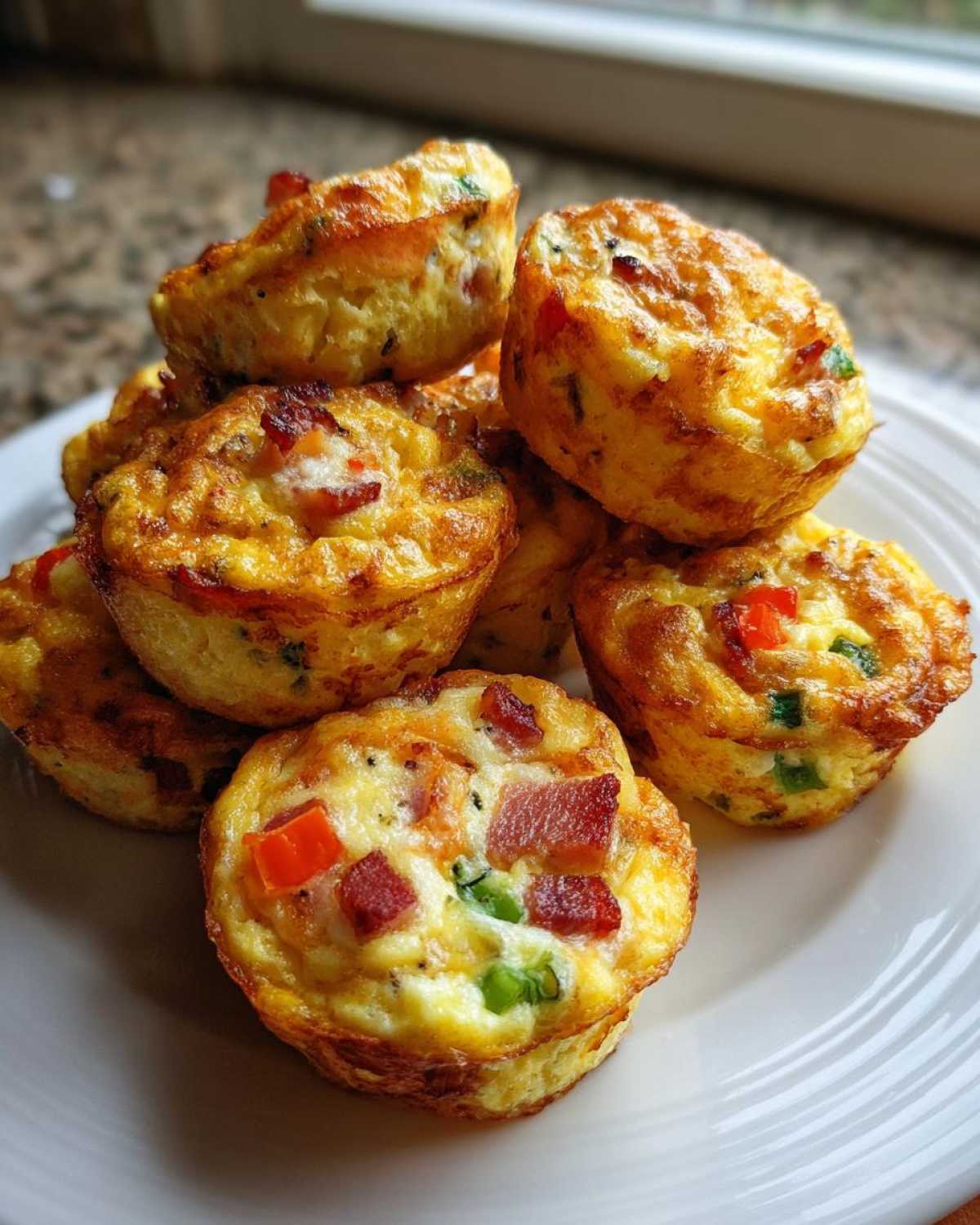 A stack of golden brown muffin tin egg bites loaded with bacon and peppers on a white plate.