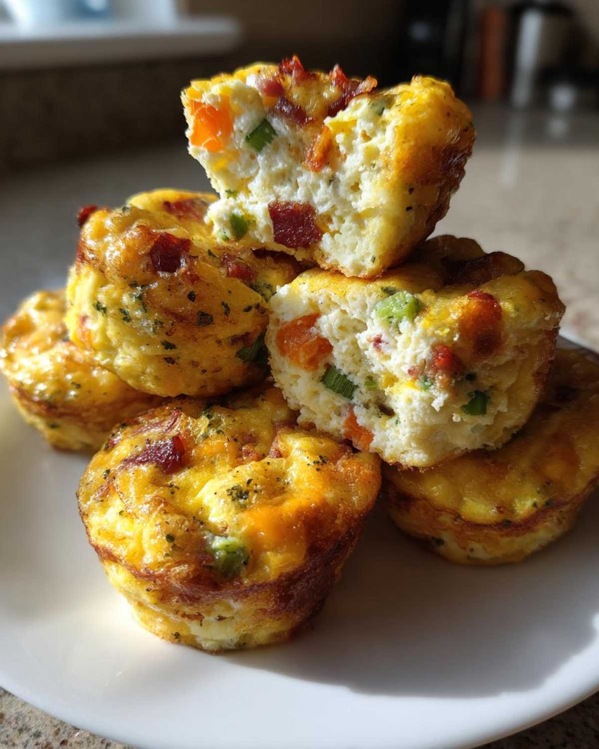 A stack of golden brown muffin tin egg bites, one cut open showing bacon, peppers, and egg filling.