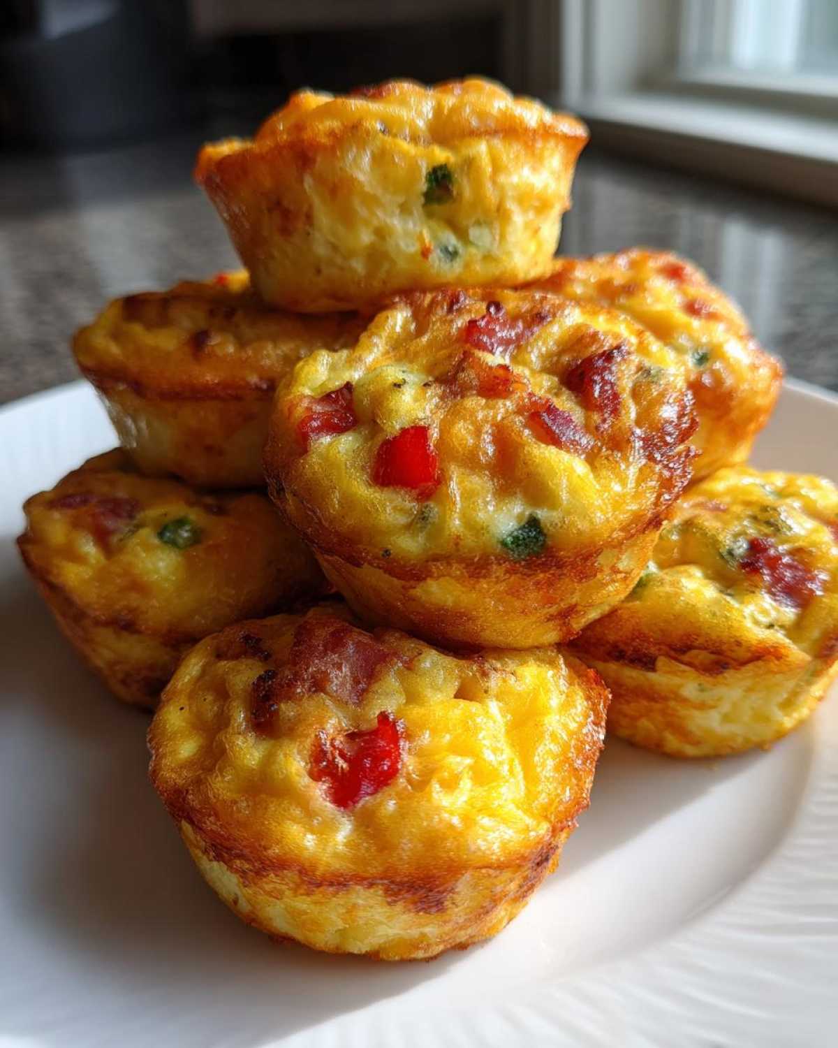 A stack of golden brown muffin tin egg bites filled with bacon and red peppers on a white plate.