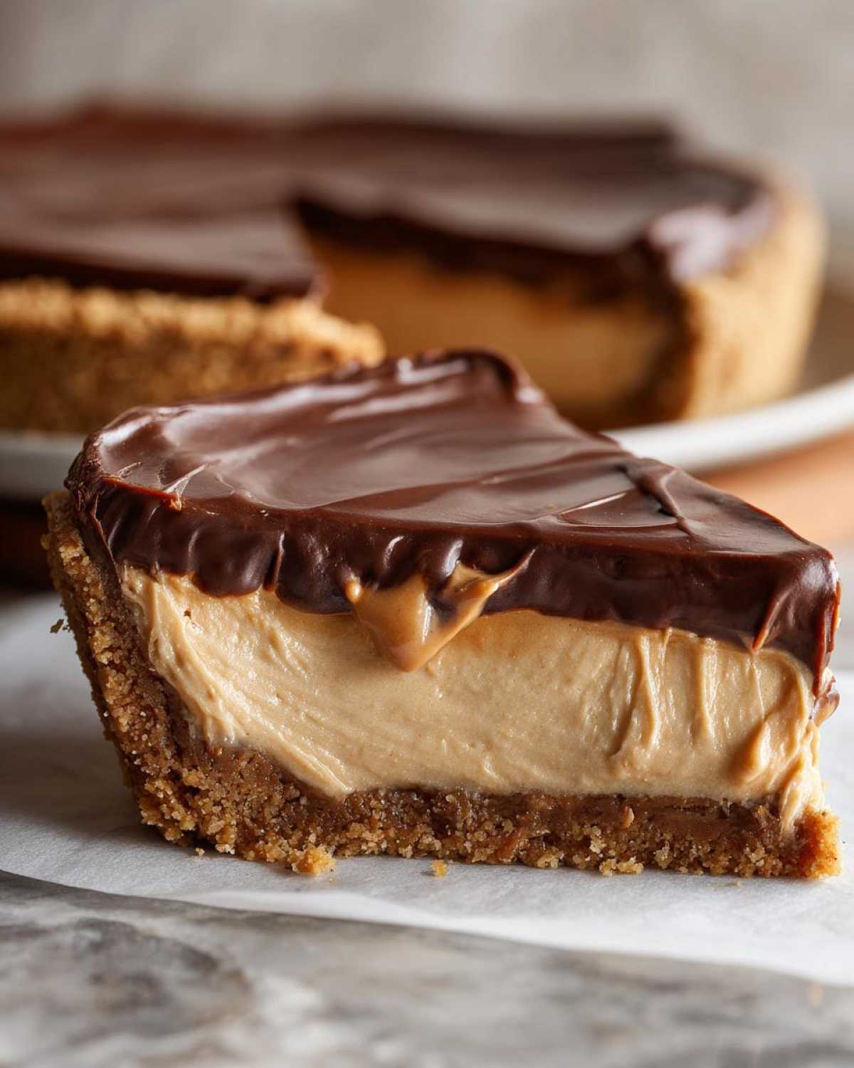 Close-up of a thick slice of no-bake peanut butter pie showing the graham cracker crust, creamy filling, and rich chocolate ganache topping.