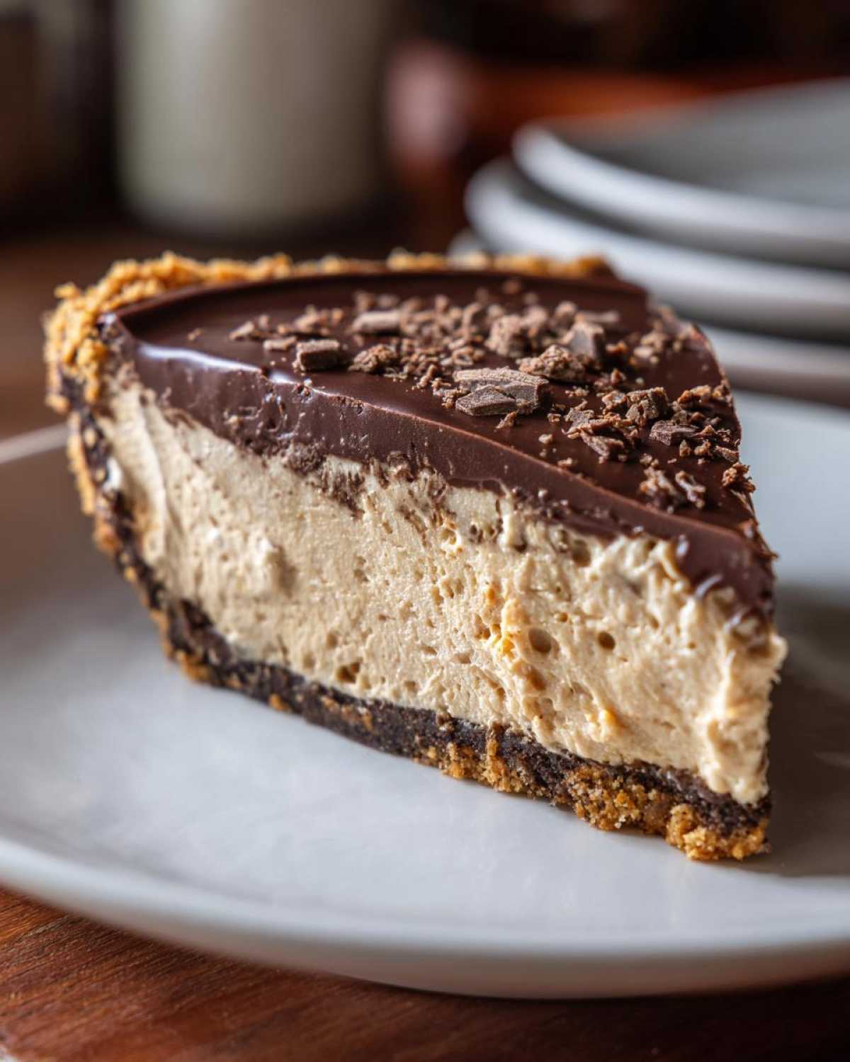 A close-up of a rich slice of no-bake peanut butter pie featuring a thick peanut butter filling and chocolate ganache topping.