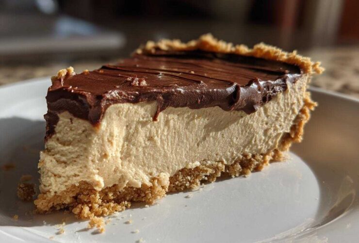 A thick slice of no-bake peanut butter pie featuring a graham cracker crust, creamy filling, and chocolate ganache topping.