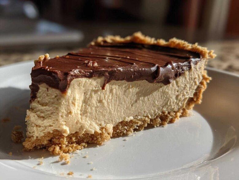 A thick slice of no-bake peanut butter pie featuring a graham cracker crust, creamy filling, and chocolate ganache topping.