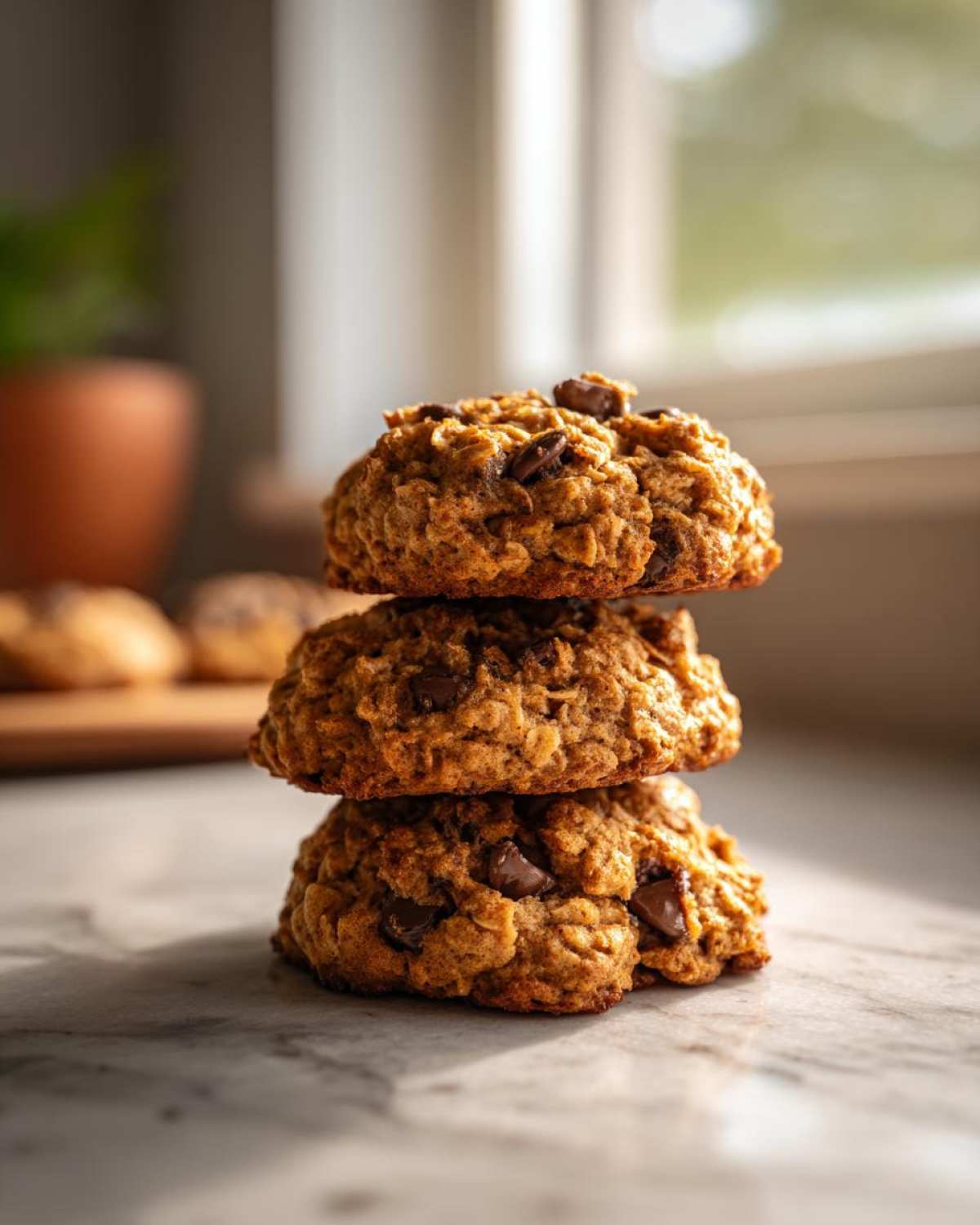 A stack of three textured, oatmeal-based breakfast cookie treats with visible chocolate chips.