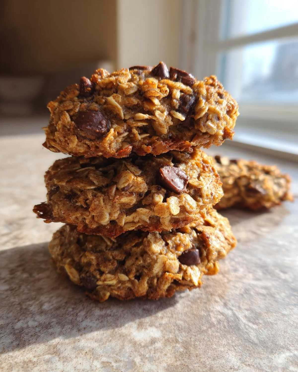 Three homemade breakfast cookie stacked high, featuring visible oats and chocolate chips, set against a bright background.