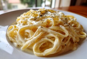 Close-up of fettuccine pasta generously coated in creamy Olive Garden Alfredo sauce and sprinkled with herbs.