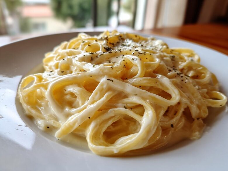 Close-up of fettuccine pasta generously coated in creamy Olive Garden Alfredo sauce and sprinkled with herbs.