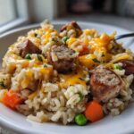 A close-up of a hearty serving of one-pot sausage and rice mixed with peas, carrots, and topped with melted cheddar cheese.