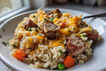 A close-up of a hearty serving of one-pot sausage and rice mixed with peas, carrots, and topped with melted cheddar cheese.
