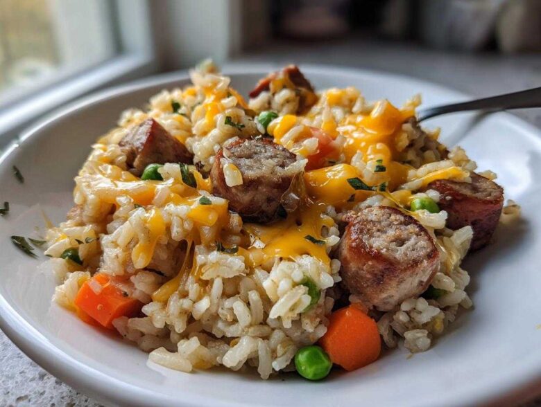 A close-up of a hearty serving of one-pot sausage and rice mixed with peas, carrots, and topped with melted cheddar cheese.