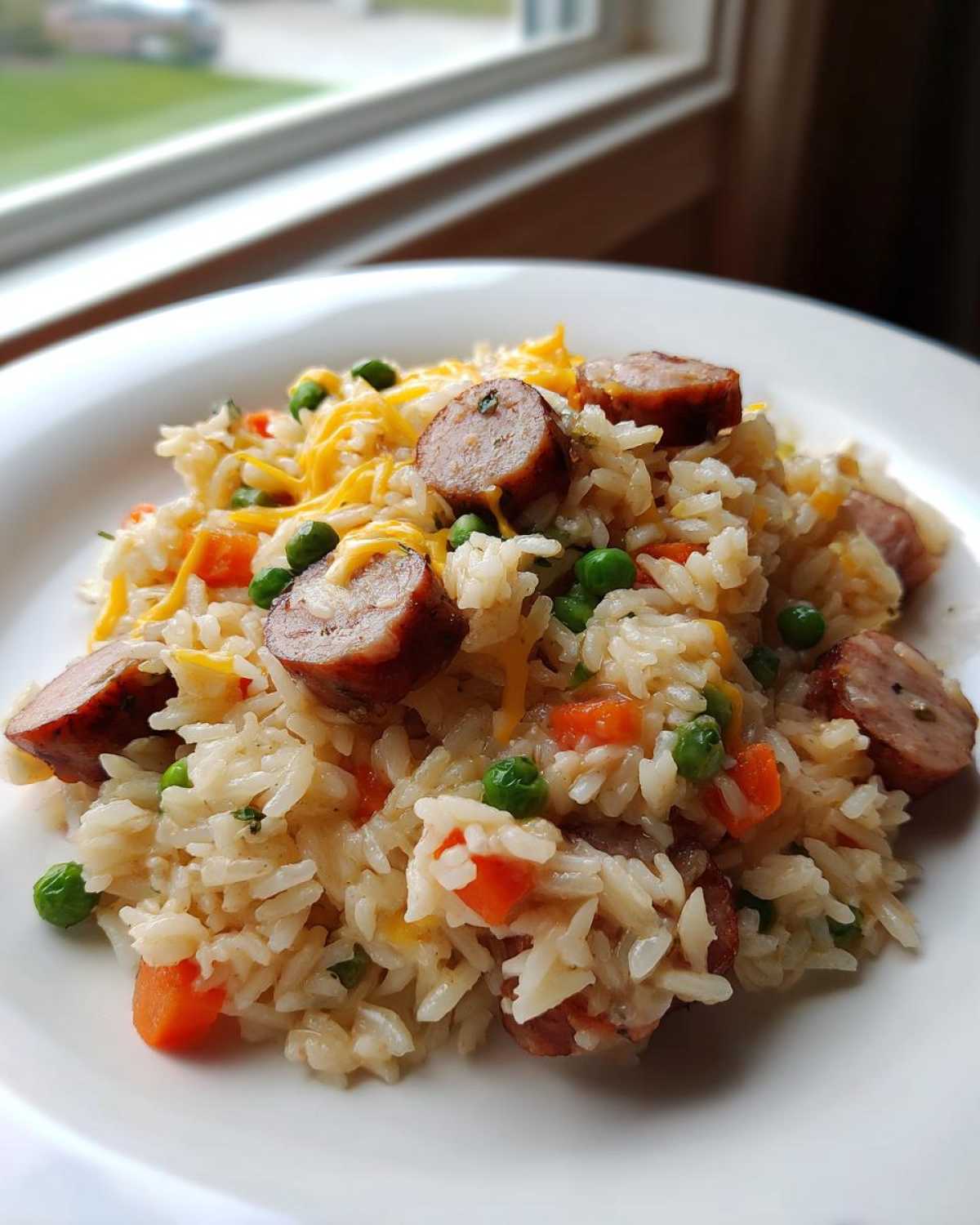 A close-up of a serving of one-pot sausage and rice mixed with peas, carrots, and melted cheddar cheese.
