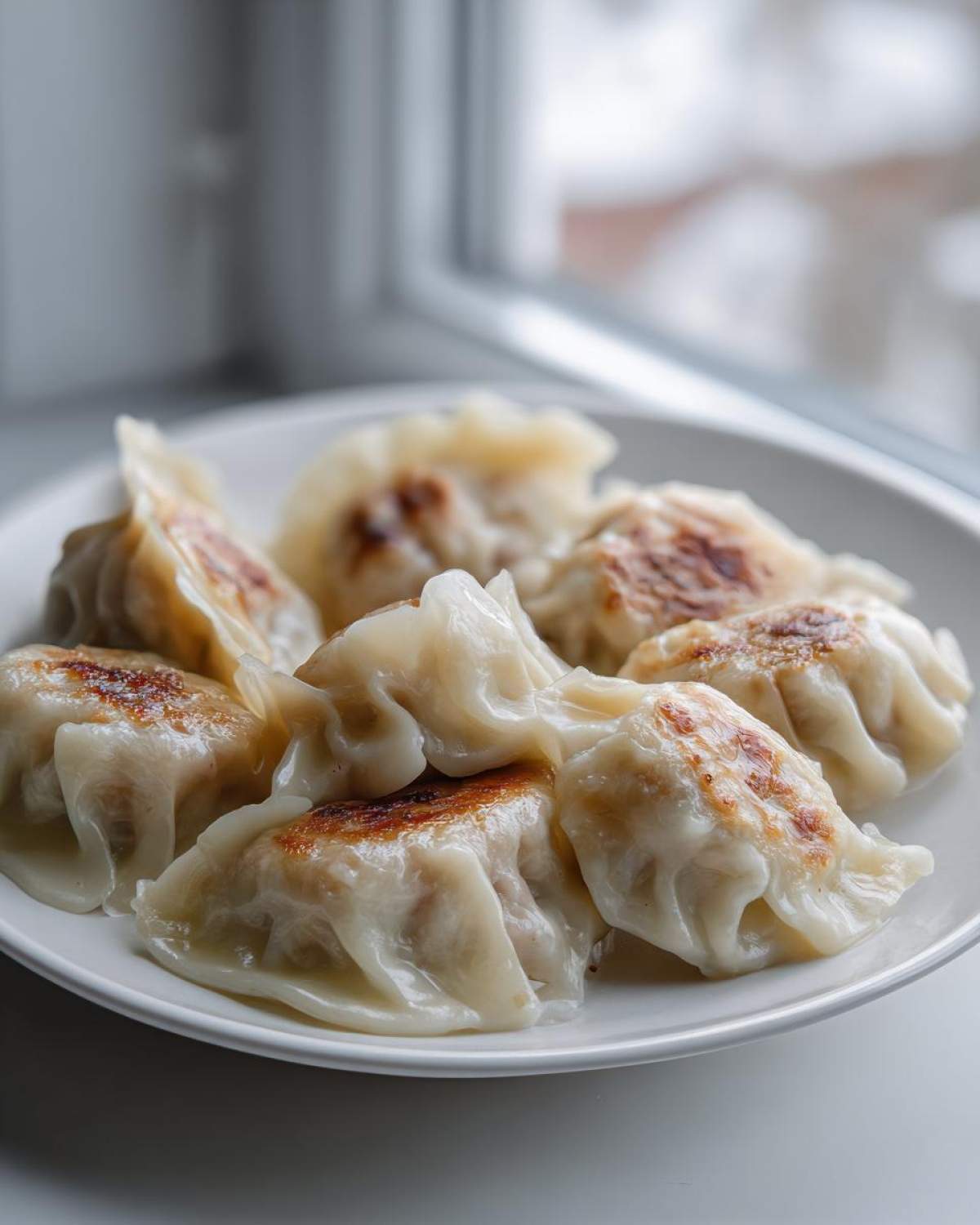 A close-up of several pan-fried Traditional Chinese Dumplings with golden-brown bottoms served on a white plate.