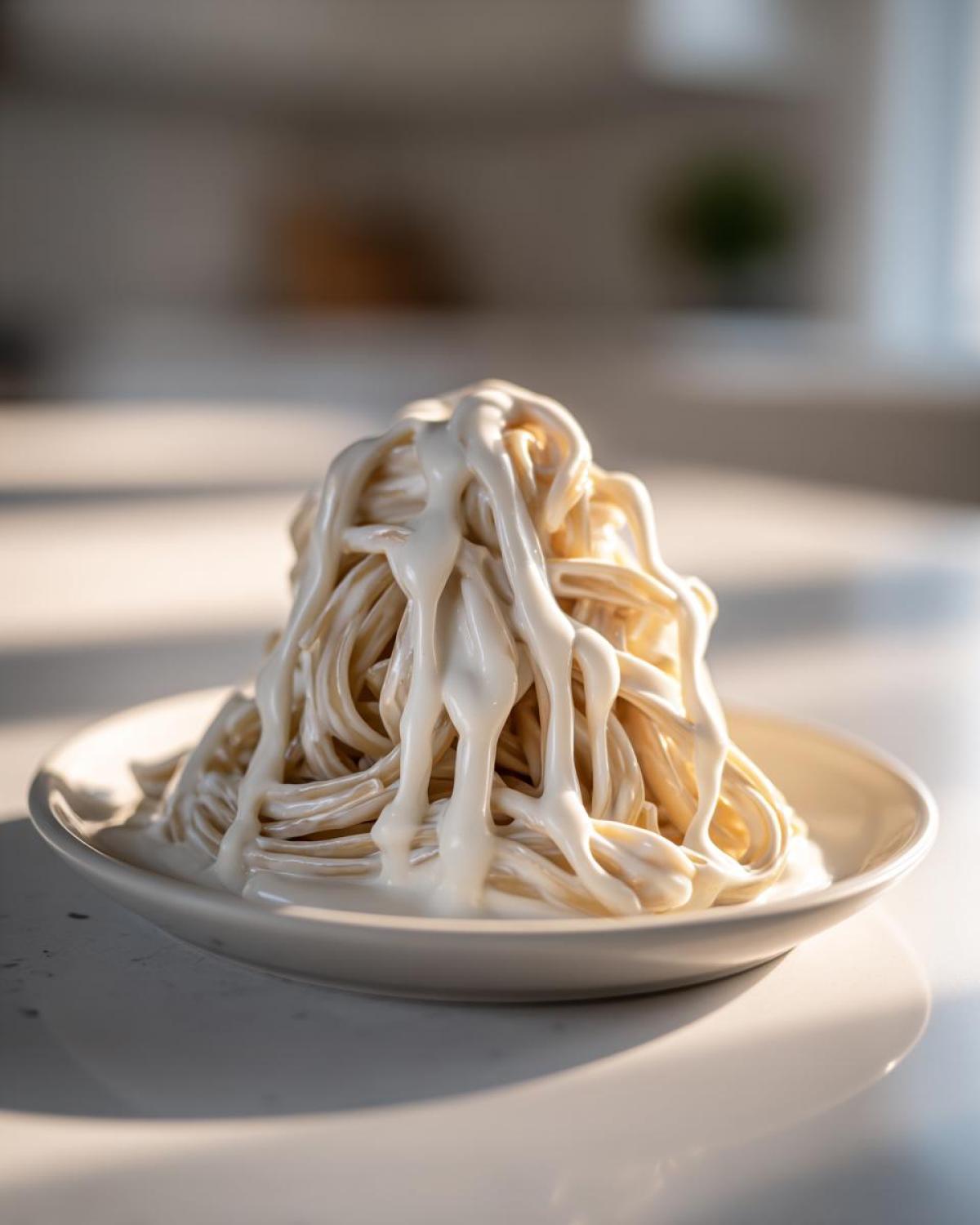Close-up of pasta noodles generously coated in thick, creamy homemade alfredo sauce on a white plate.