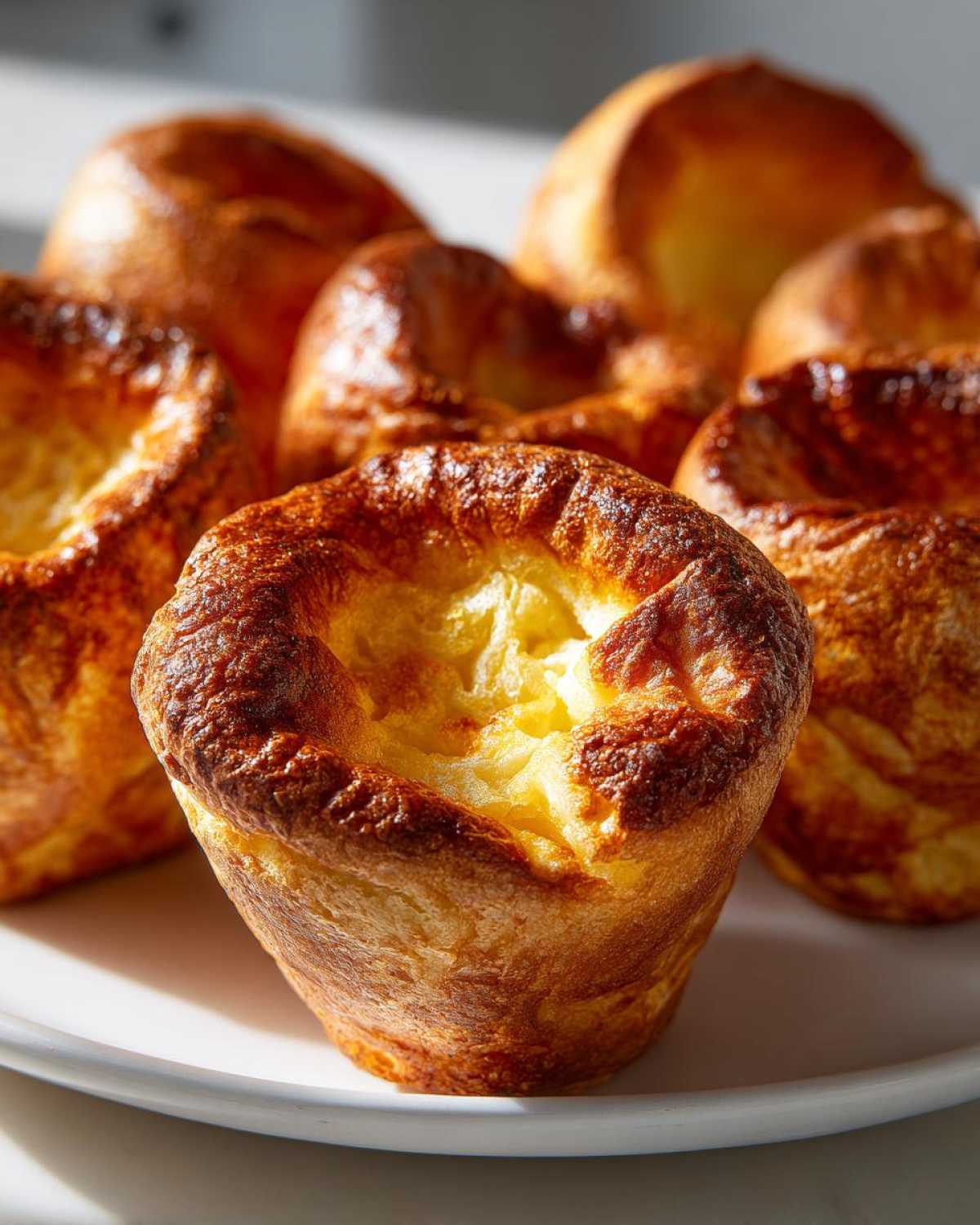 Close-up of a golden brown, perfectly risen yorkshire pudding with a deep center well.