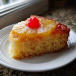 A moist slice of pineapple upside down cake topped with a caramelized pineapple ring and a maraschino cherry.