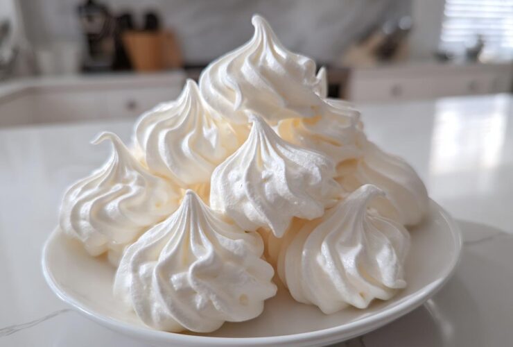 A pile of perfectly piped, glossy white meringue cookies stacked on a small white plate.