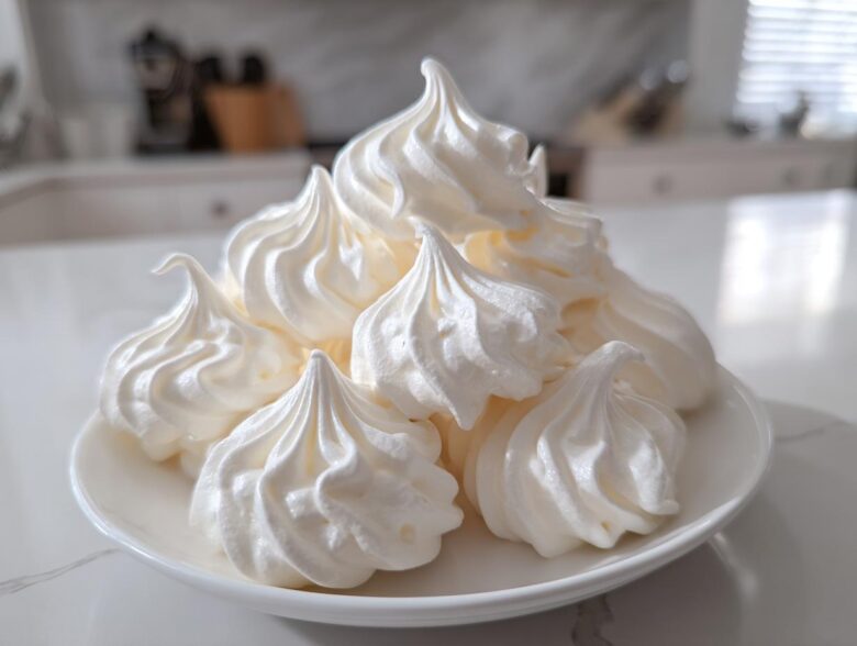 A pile of perfectly piped, glossy white meringue cookies stacked on a small white plate.