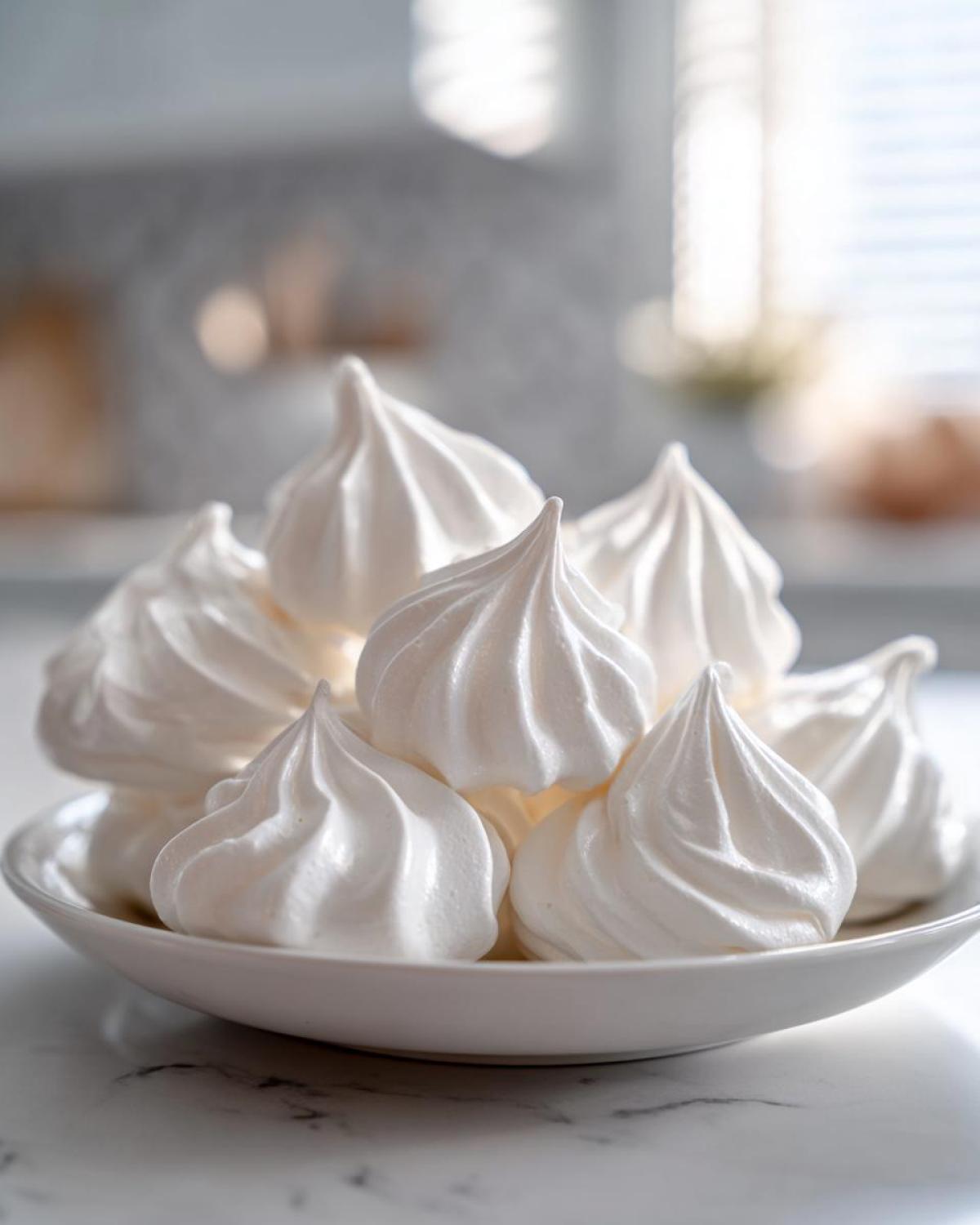 A close-up of several perfectly piped, glossy white meringue cookies piled high on a small white dish.