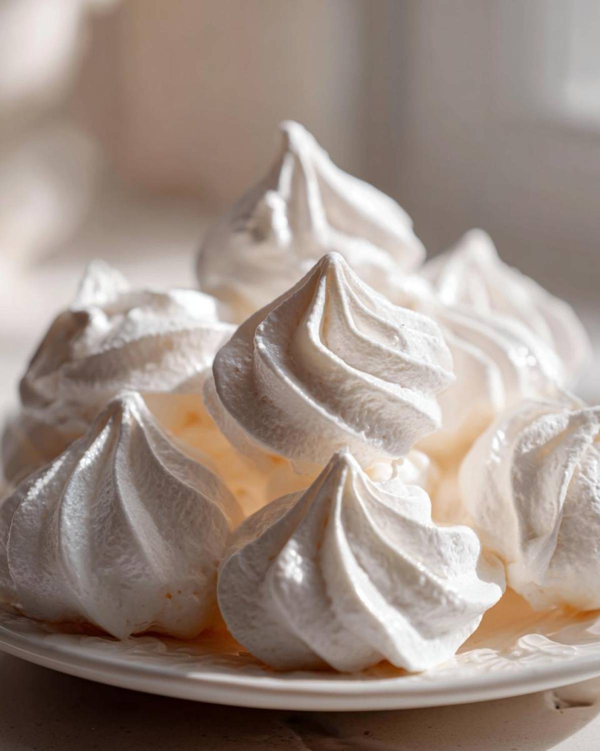 Close-up of several perfectly piped, bright white meringue cookies piled on a small white plate.