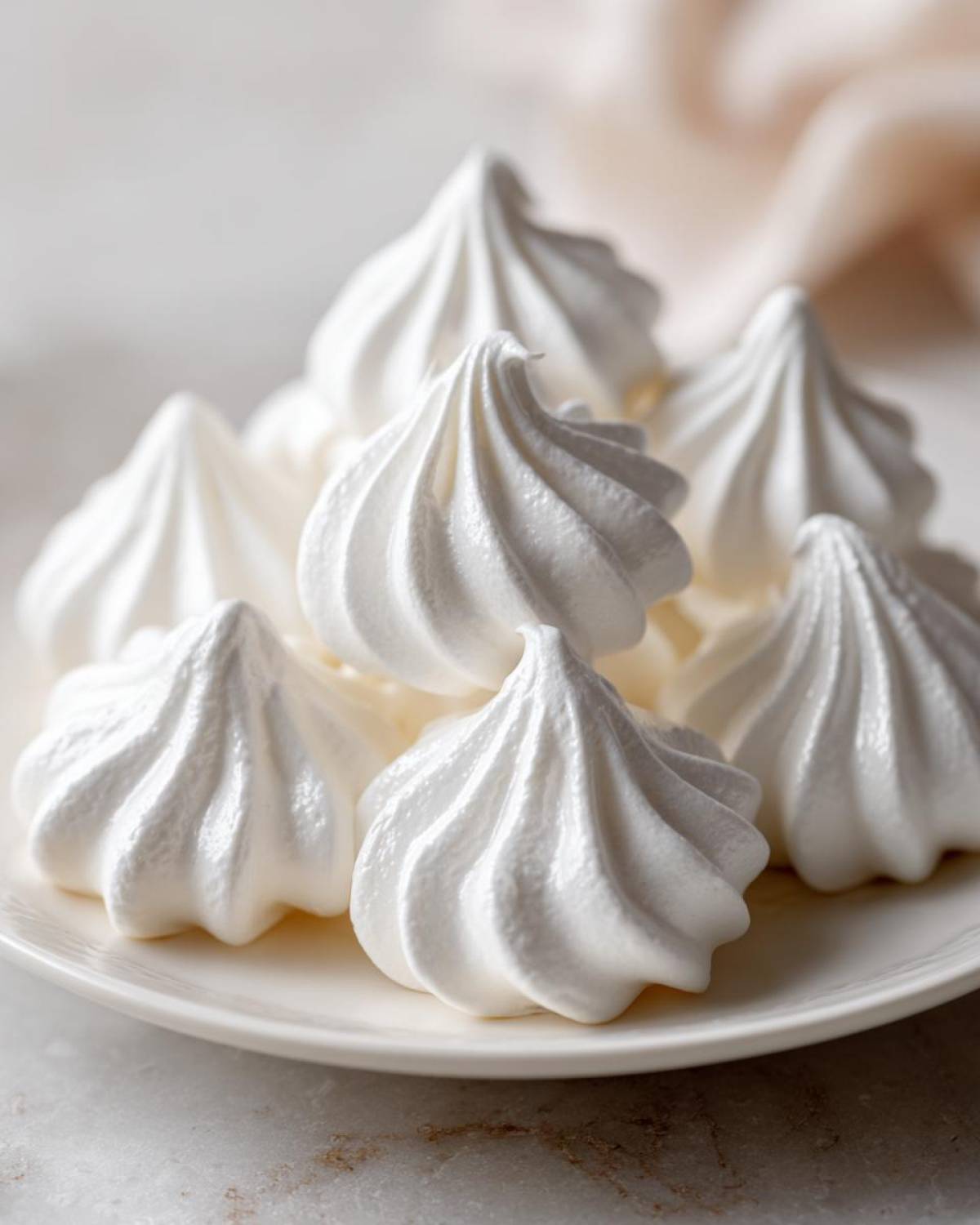 A close-up of several perfectly piped, bright white meringue cookies stacked on a white plate.