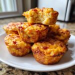 A stack of golden brown, cheesy pizza muffins with one muffin broken open showing the fluffy interior.