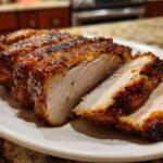 Close-up of a juicy, sliced pork loin roast featuring a dark, seasoned crust and tender white meat.
