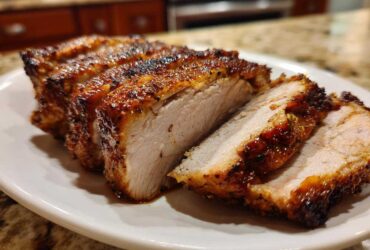 Close-up of a juicy, sliced pork loin roast featuring a dark, seasoned crust and tender white meat.
