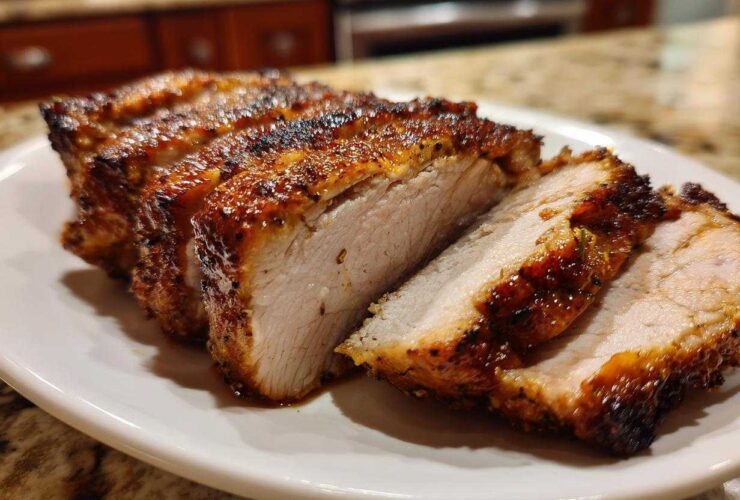 Close-up of a juicy, sliced pork loin roast featuring a dark, seasoned crust and tender white meat.