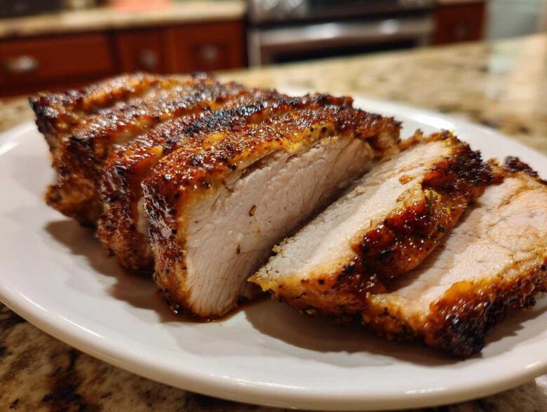 Close-up of a juicy, sliced pork loin roast featuring a dark, seasoned crust and tender white meat.
