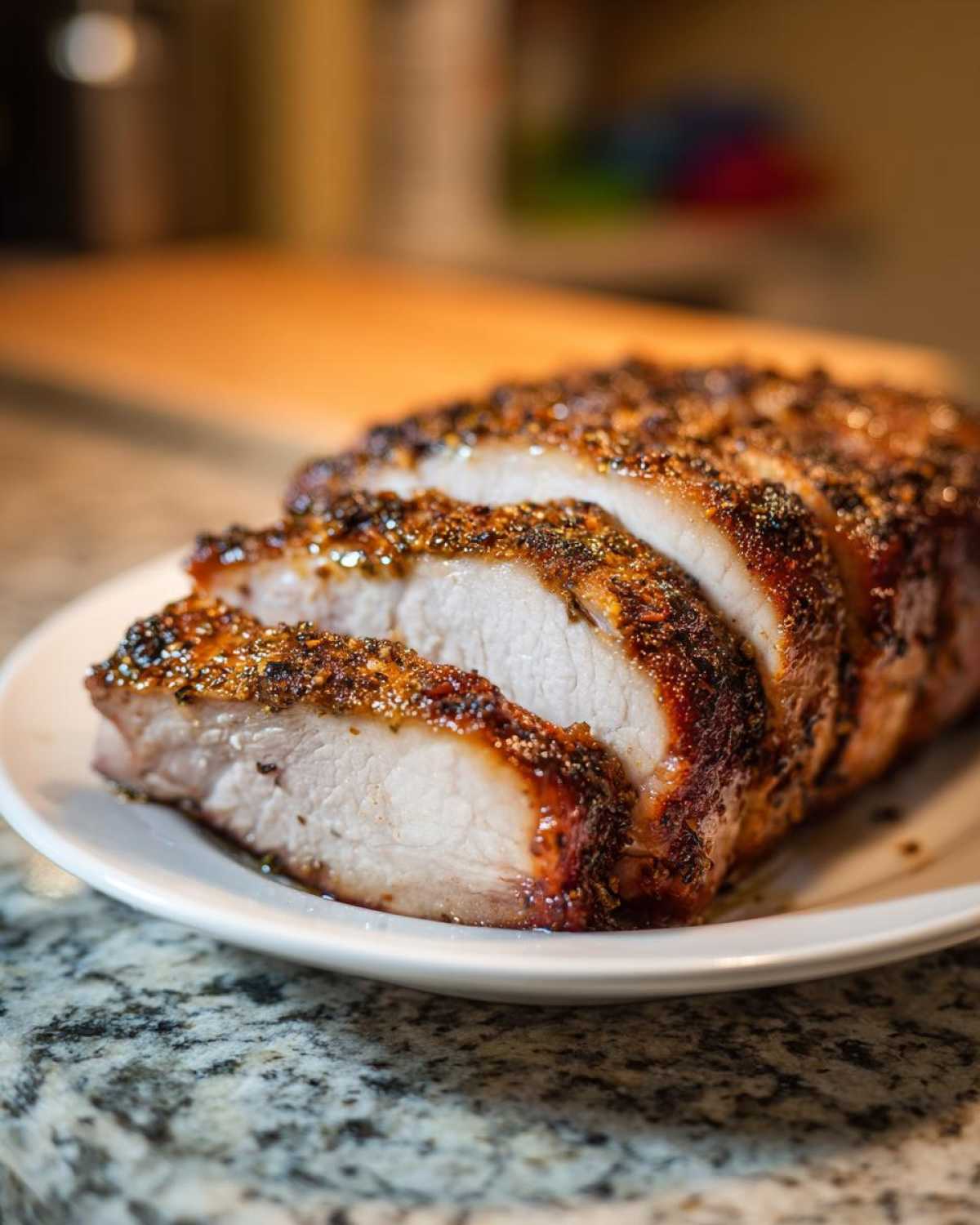 Close-up of a perfectly cooked pork loin roast, sliced to show juicy interior and dark seasoned crust.