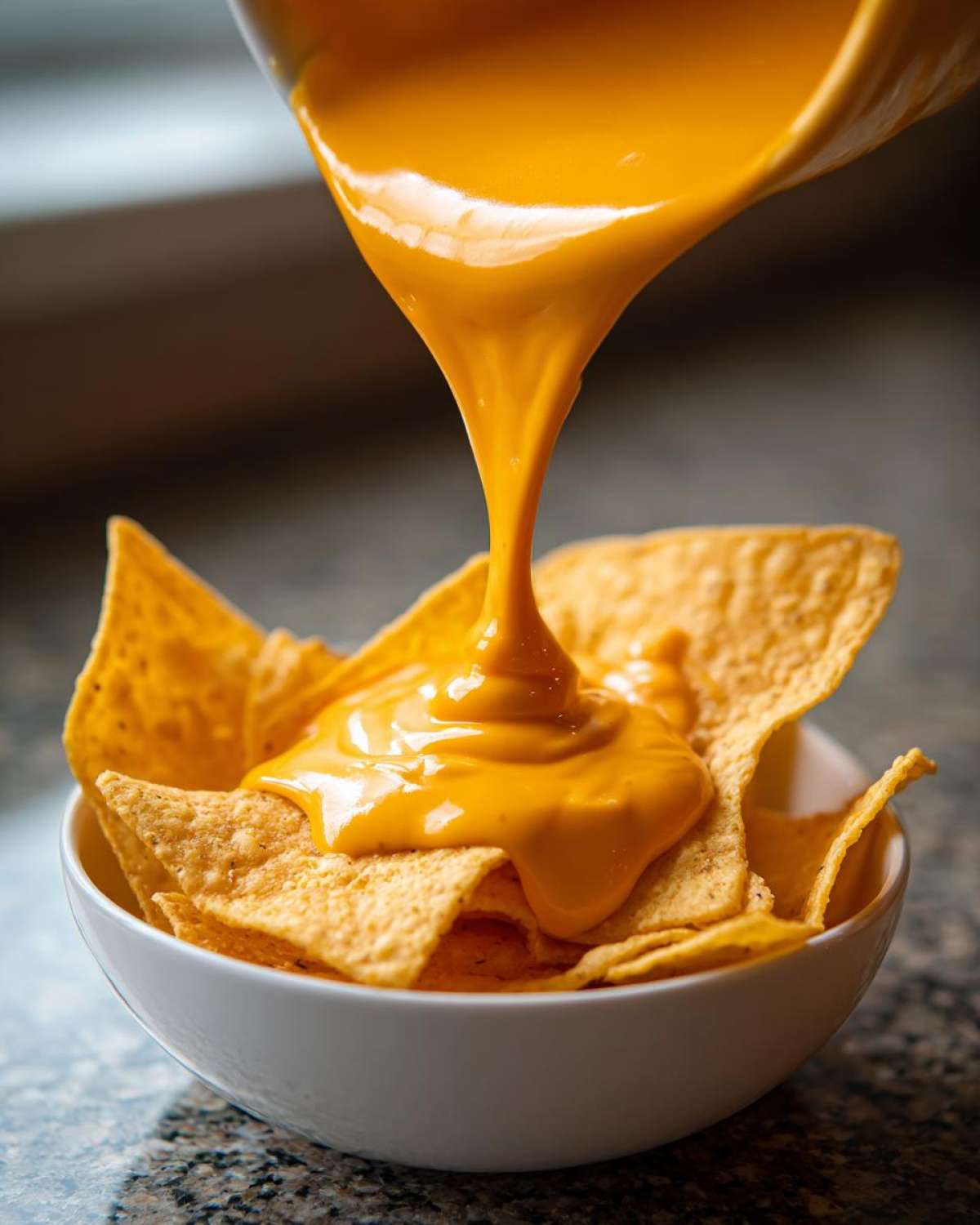 Close-up of thick, bright orange nacho cheese sauce being poured from a container onto tortilla chips in a white bowl.