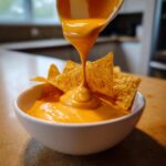 A close-up shot of thick, bright orange nacho cheese sauce being poured from a ladle onto tortilla chips in a white bowl.