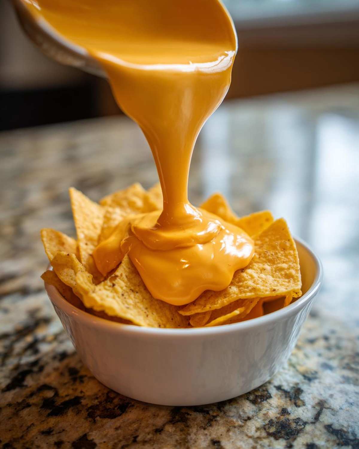 A close-up shot of thick, bright orange nacho cheese sauce being poured from a ladle onto tortilla chips in a white bowl.